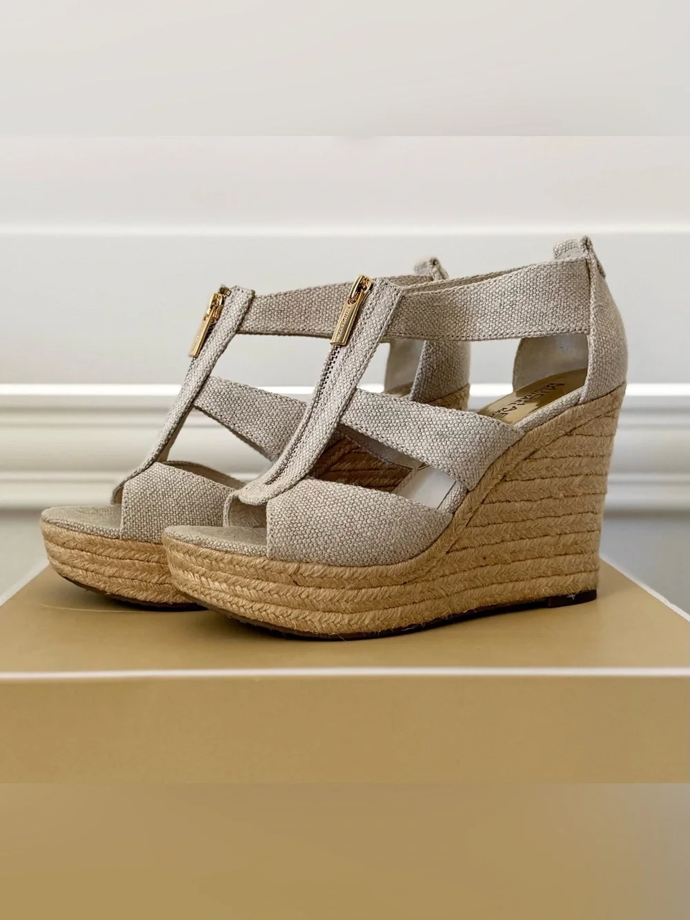 Michael Kors Beige Canvas Espadrille Wedge Sandals - Damita Wedge